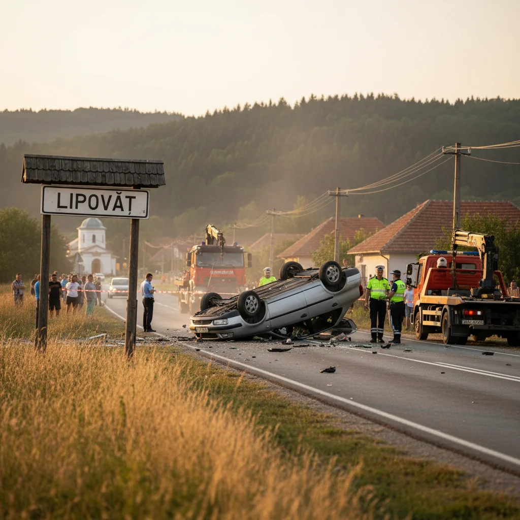 Autoturism răsturnat la intrarea în Lipovăț, județul Vaslui