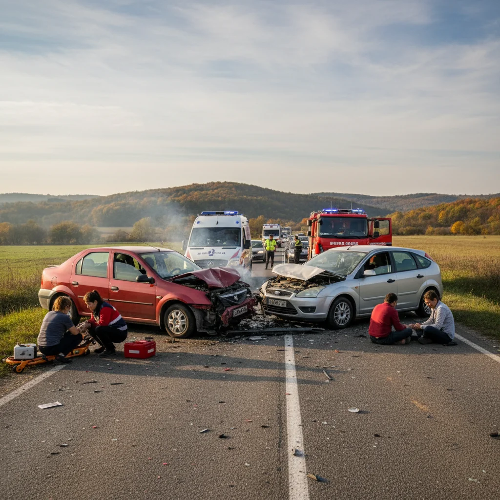 Cinci persoane rănite după un impact frontal între două autoturisme în județul Vaslui