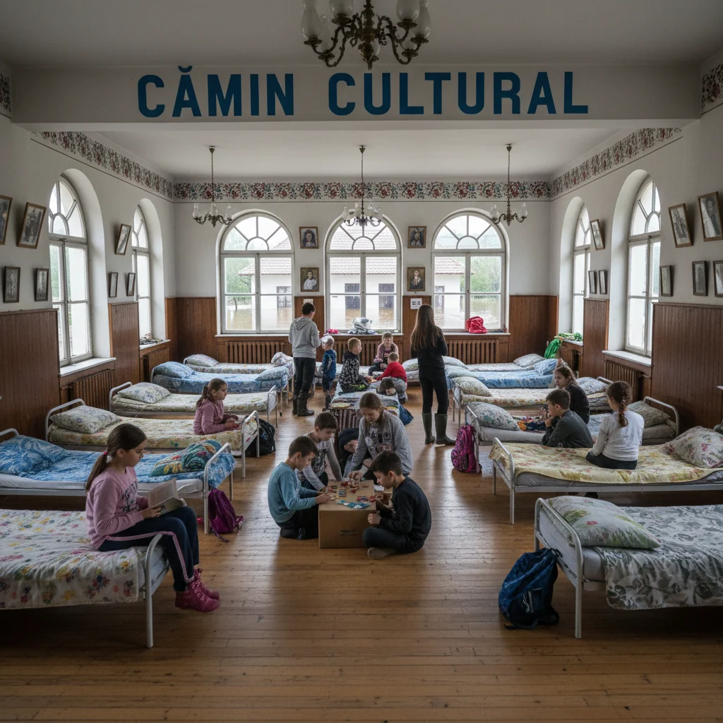 Cursurile elevilor din Fundu Văii, mutate la Căminul Cultural după inundarea curții școlii din Vaslui