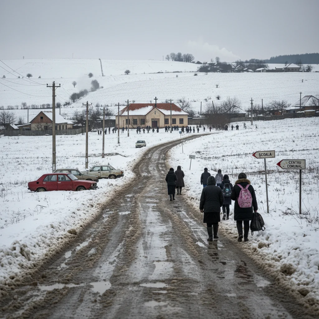 Drumuri comunale blocate de ninsoare și prezență redusă la școli în județul Vaslui
