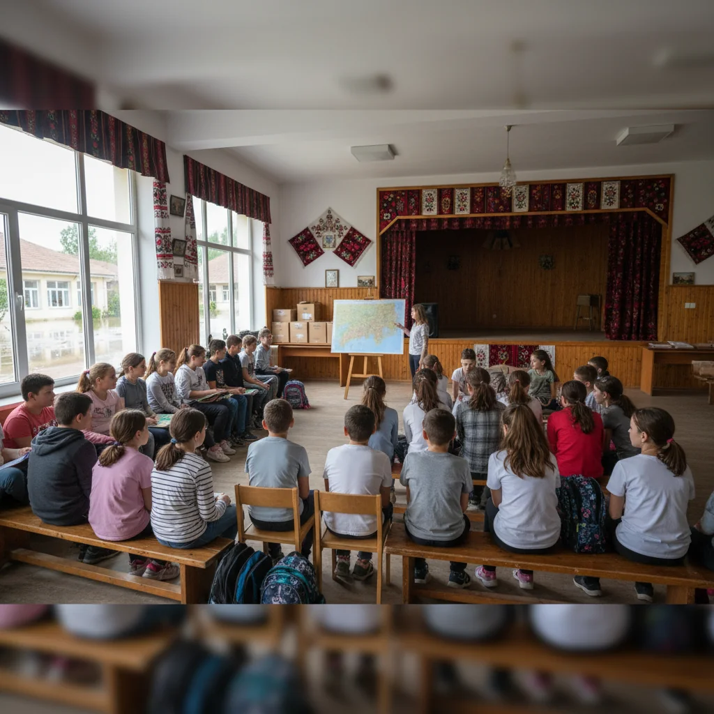 Elevii din Fundu Văii, mutați la Căminul Cultural după inundarea curții școlii din Vaslui
