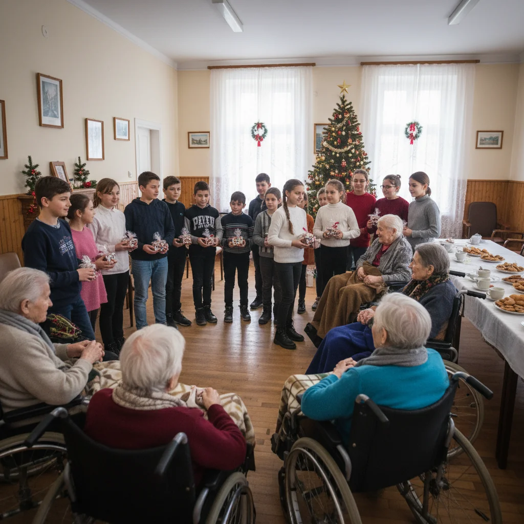 Elevii Școlii Adrian Porumboiu din Muntenii de Jos aduc bucurie bătrânilor de la Așezământul Social Vutcani înainte de Crăciun