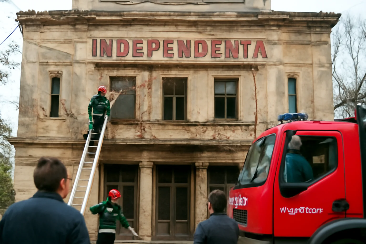 Fațada fostului Cinematograf Independența din Vaslui se desprinde, pompierii intervin pentru siguranța trecătorilor