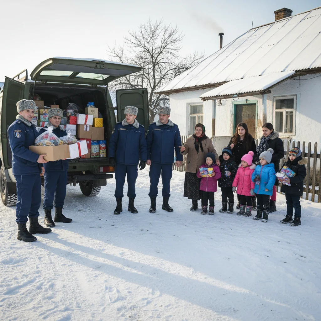 Jandarmii din Huși sprijină o familie numeroasă din Curteni, județul Vaslui, în ajun de Crăciun
