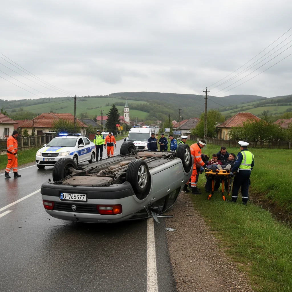 Mașină cu numere de Ucraina răsturnată la Huși, Vaslui: cinci persoane au ajuns la spital