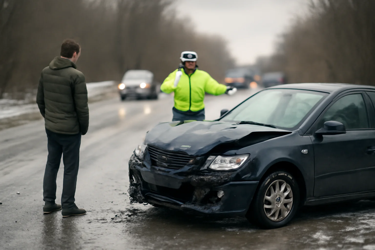 Mașină ieșită în decor la Mărășeni, circulație blocată pe șosea din cauza poleiului