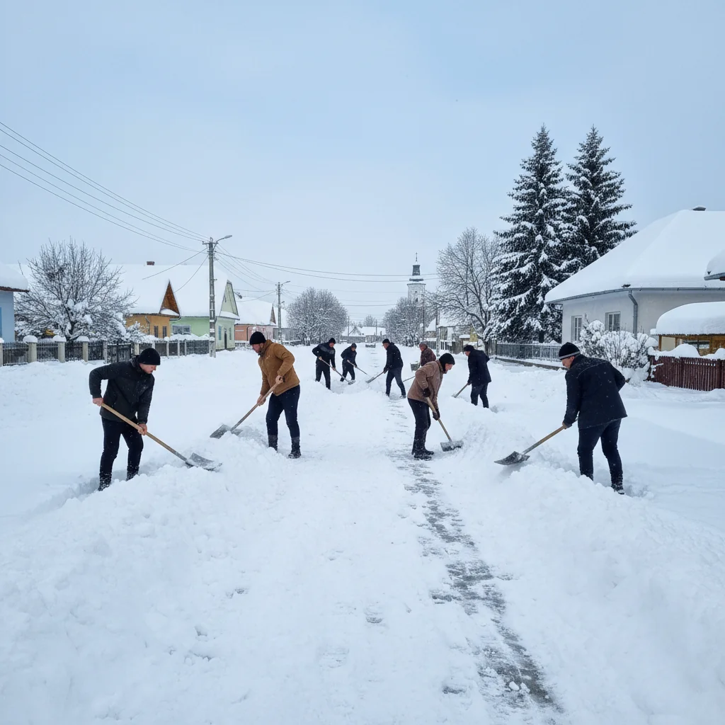 Ninsoare abundentă la Huși (Vaslui). Locuitorii, rugați să curețe trotuarele